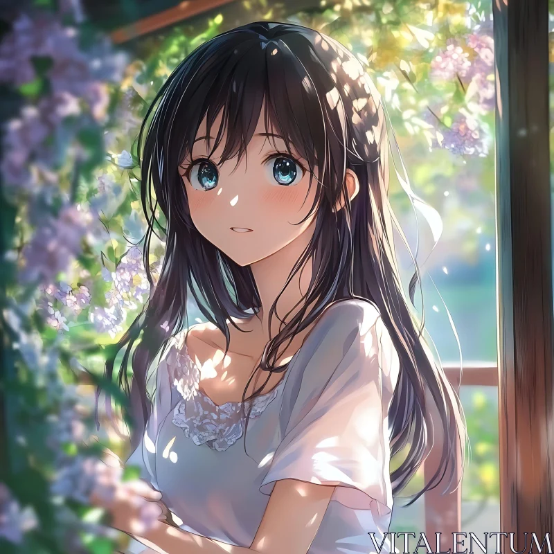 Anime Girl Amidst Blossoms and Sunlight AI Image