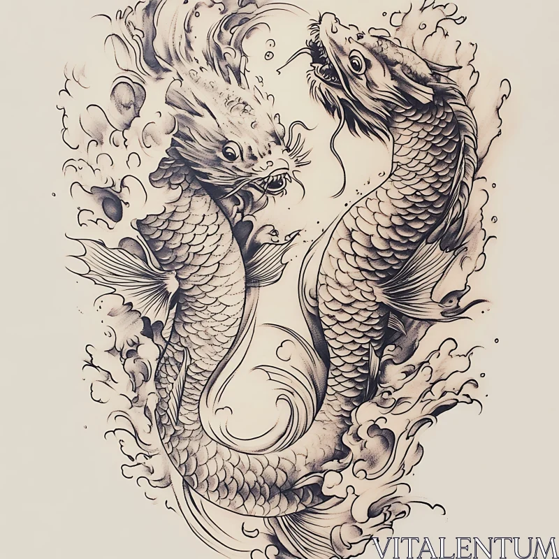 Monochrome Fish Illustration with Water AI Image