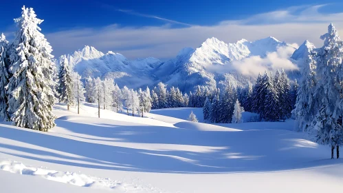 Snowy Mountain Landscape with Pine Trees