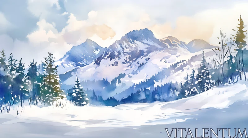 AI ART Snowy Mountain Peaks Watercolor Painting