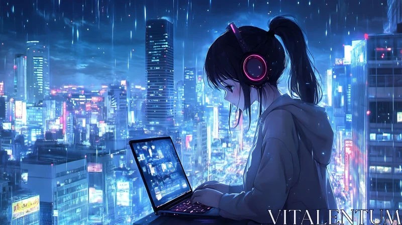 Nighttime Cyberpunk City with Young Girl AI Image