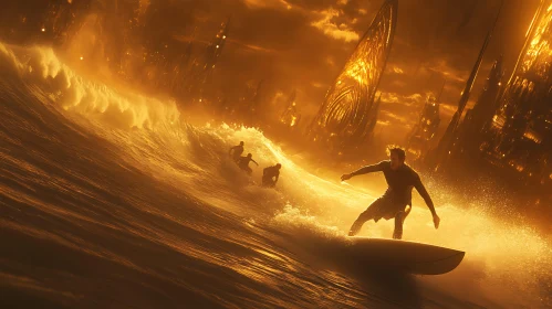 Surfing at Sunset in a Golden City