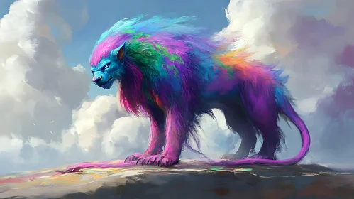 Majestic Multicolor Lion on Cloudy Peak
