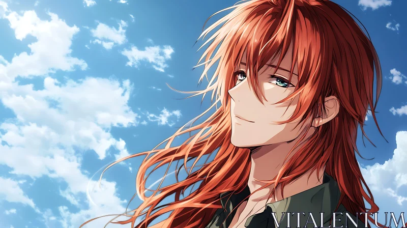 Red-Haired Anime Character with Blue Sky Background AI Image