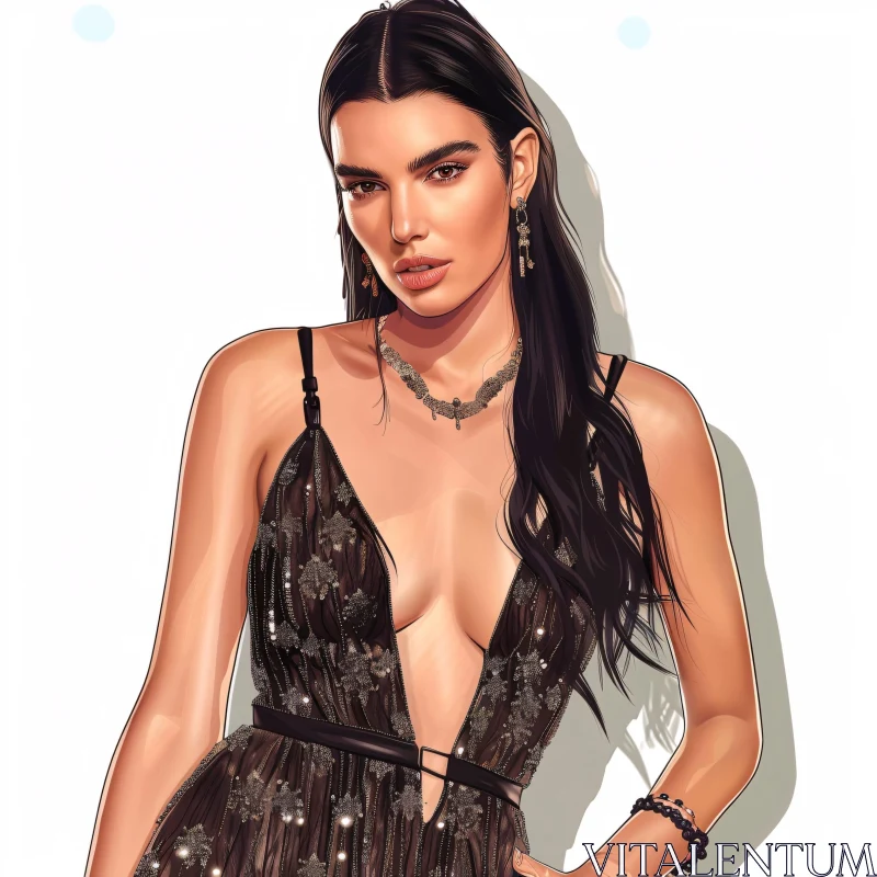 Glamorous Kendall Jenner in a Black Dress with Detailed Work AI Image