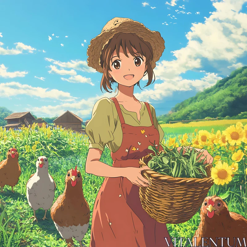 AI ART Cheerful Anime Girl on a Sunny Farm Day