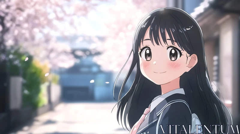 Anime Schoolgirl with Cherry Blossoms AI Image