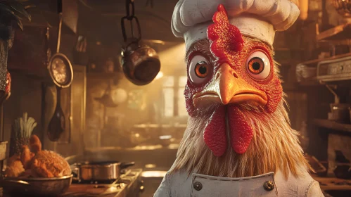 Cartoon Chicken Chef in a Cozy Kitchen Setup