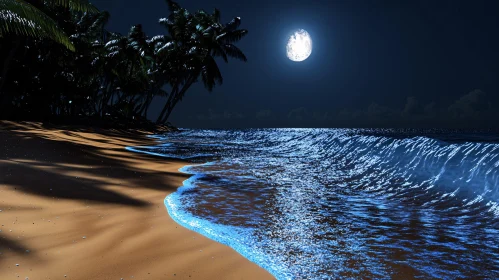 Nighttime Beach with Moon and Waves