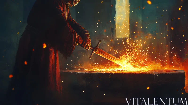 Blacksmith Shaping Sword with Fire AI Image