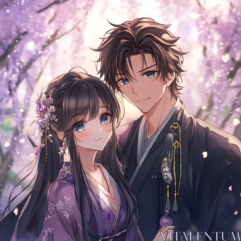 Romantic Anime Scene with Cherry Blossoms AI Image