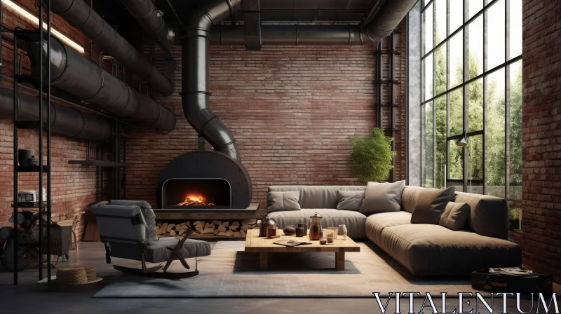 Industrial Style Living Room with Red Fireplace - Interior Design Photo AI Image