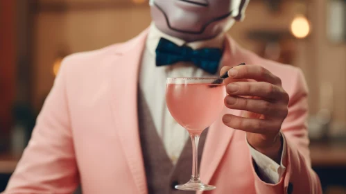 Man in Pink Mask with Cocktail: Futuristic Retro Elegance