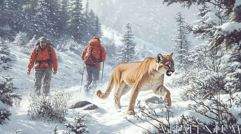 Mountain Lion Encounter in Snowy Woods AI Image