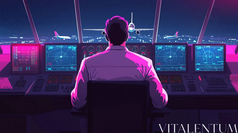 Neon Skies: Air Traffic Controller's Night Shift AI Image