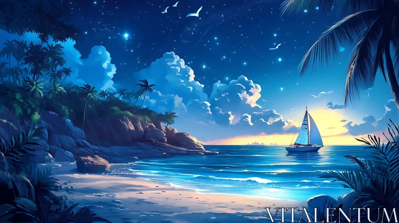 AI ART Night Seascape with Sailboat