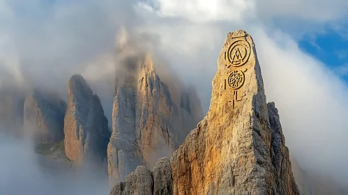 Foggy Mountains with Ancient Symbols