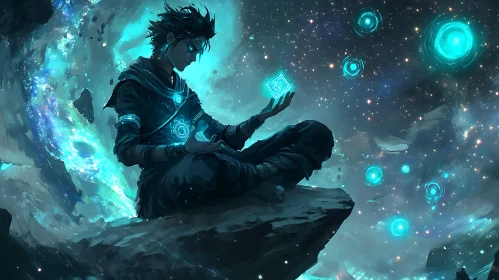 Enigmatic Wizard Meditating in Cosmic Realm