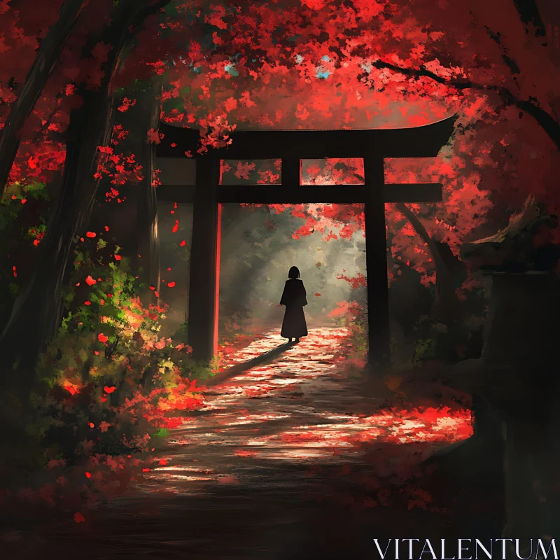 Lone Figure in Enchanting Red Leaf Forest AI Image