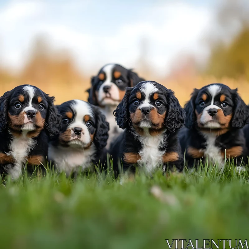 Group of Cute Puppies in Field AI Image