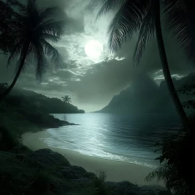 Tranquil Moonlit Seascape with Palm Trees