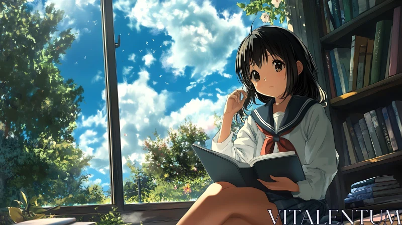 Serene Scene of Anime Girl Reading in Sunlit Room AI Image