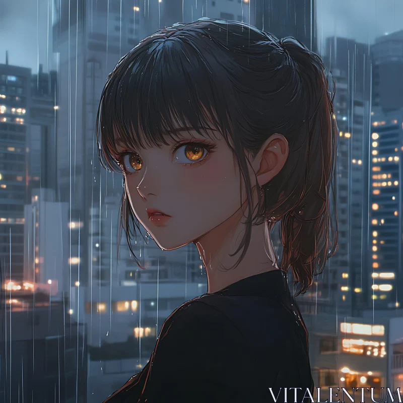 Rainy Night Anime Scene AI Image