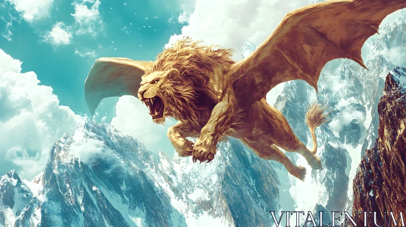 Mythical Lion with Wings in Flight AI Image