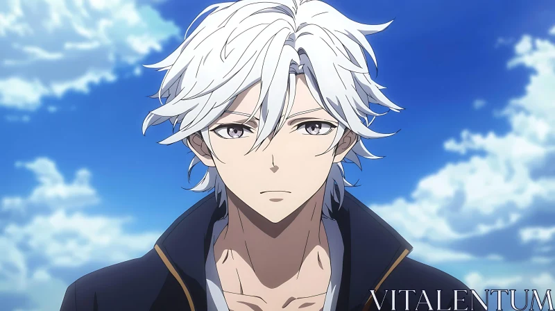 Anime Character with White Hair and Blue Sky AI Image