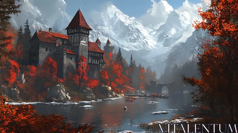 AI ART Mountain Castle with River in Fall