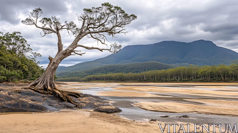 AI ART Tree on Rocks Beside River with Mountain and Forest