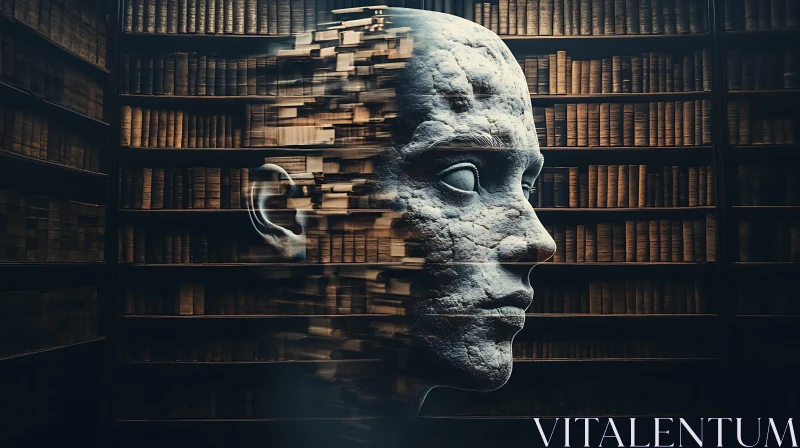 Stone Head Merged with Bookshelf AI Image