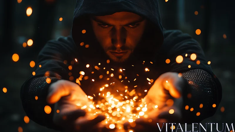 Hooded Figure Holding Glowing Embers AI Image