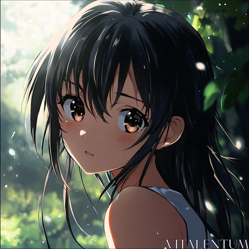 Anime Girl in Sunlit Forest AI Image