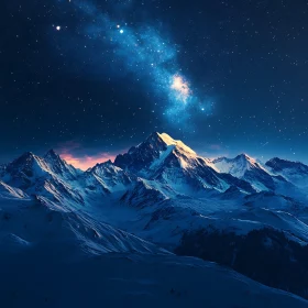 Celestial Peaks: Snowy Mountain Range at Night