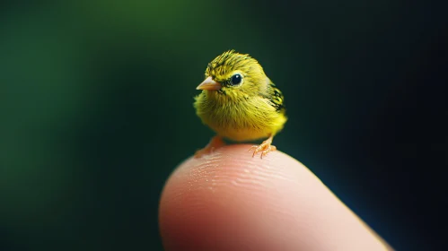 Miniature Yellow Bird Perched on Human Finger