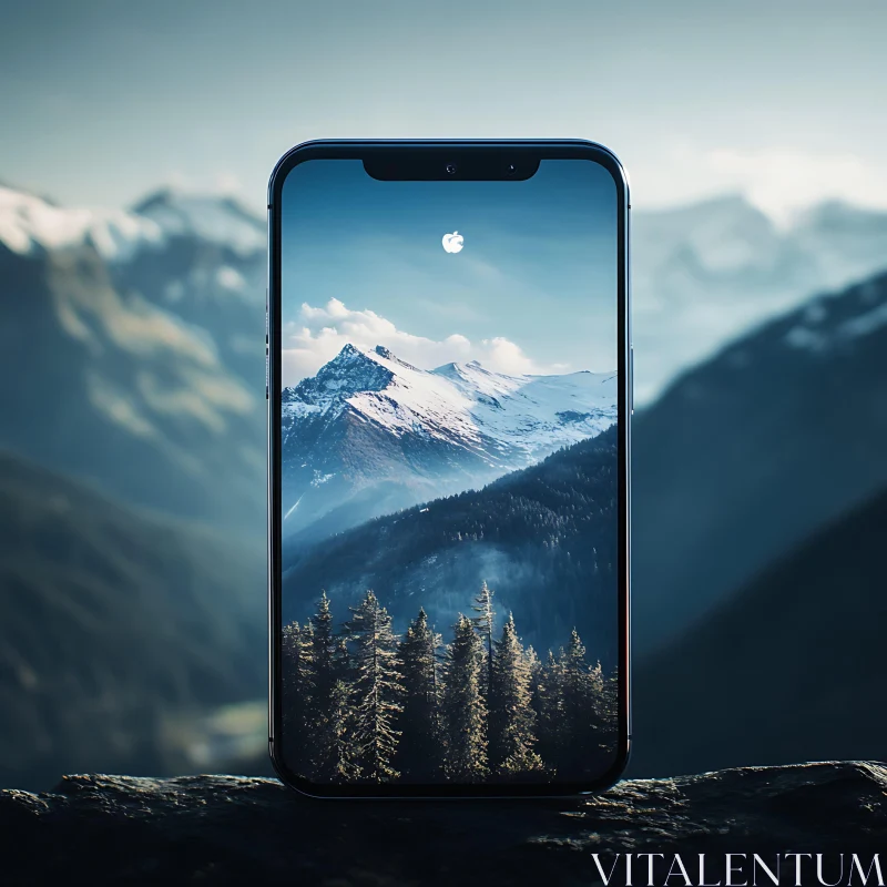 Serene Mountain Landscape Displayed on Phone AI Image