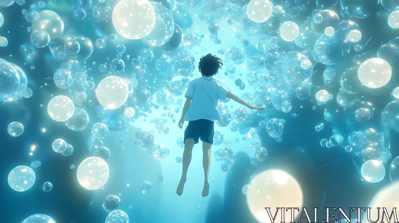 Dreamy Anime Boy Floating Underwater with Bubbles AI Image