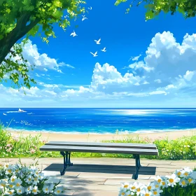 Seascape with Bench and White Flowers