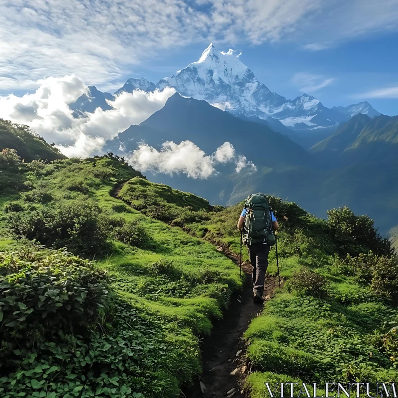 Ascent to Serenity: Mountain Hiking Scene AI Image