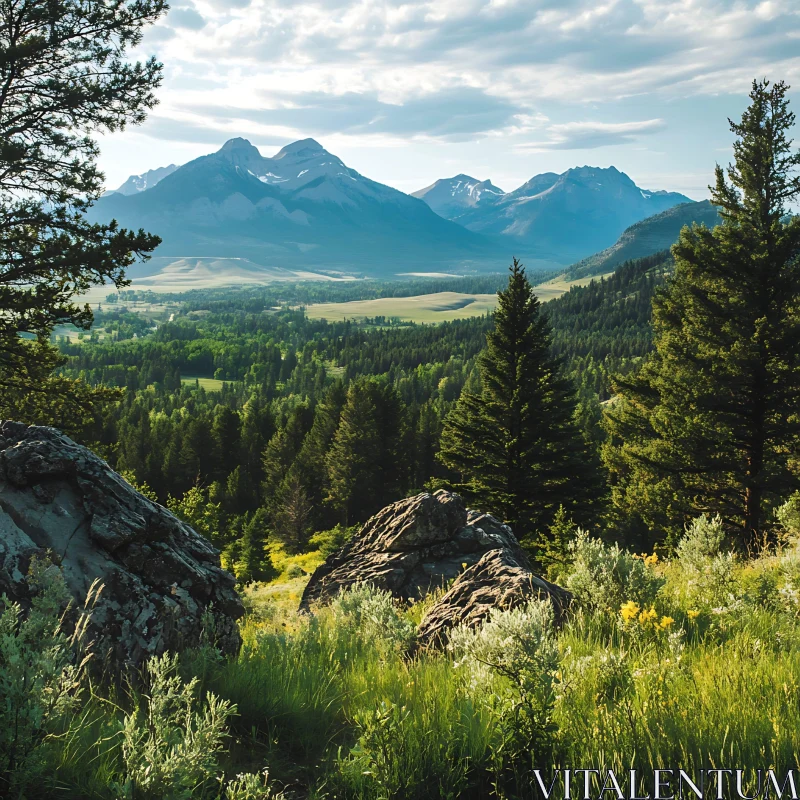 Scenic Mountain Vista with Lush Forests AI Image