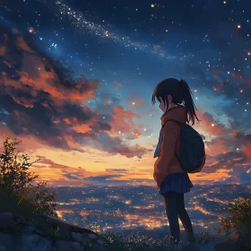 Serene Anime Sunset with Cityscape and Stars