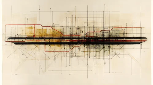 Abstract Technical Schematic with Red Lines