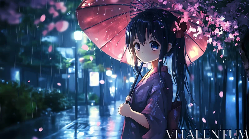 Night Scene with Anime Girl and Cherry Blossoms AI Image