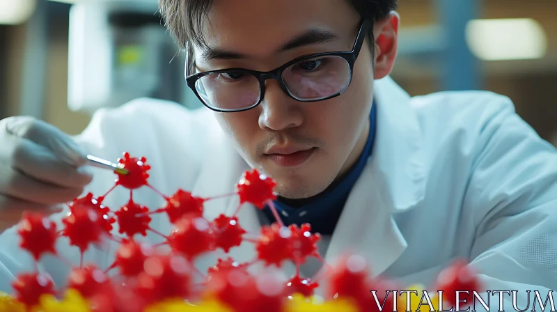 Scientist Inspecting Molecular Model in Lab AI Image