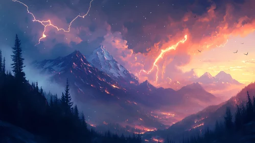 Dramatic Mountain Range with Lightning Strikes