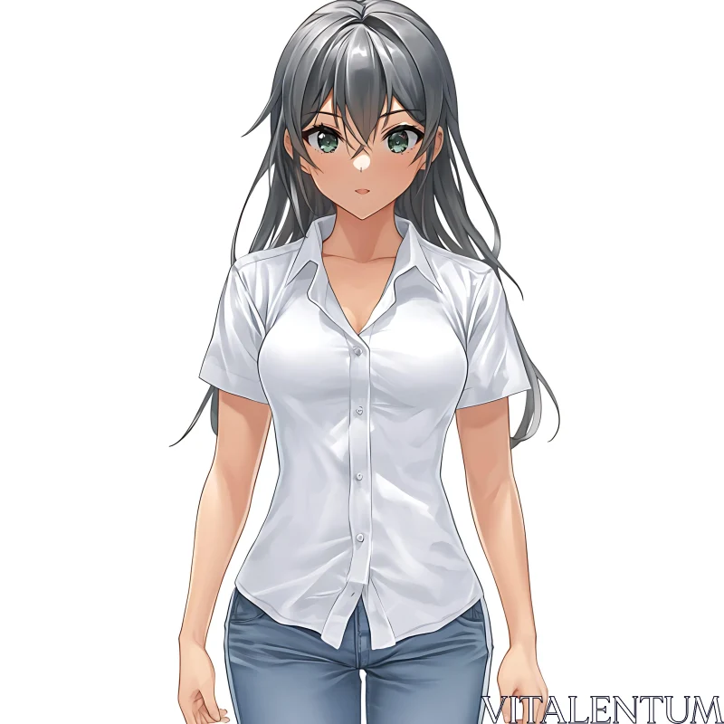 Anime Girl in White Shirt and Blue Jeans AI Image