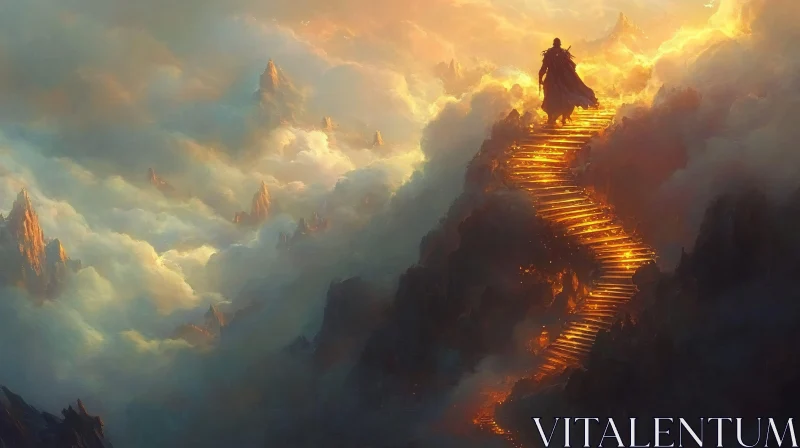 Figure Climbing Stairs in Cloudy Sky AI Image