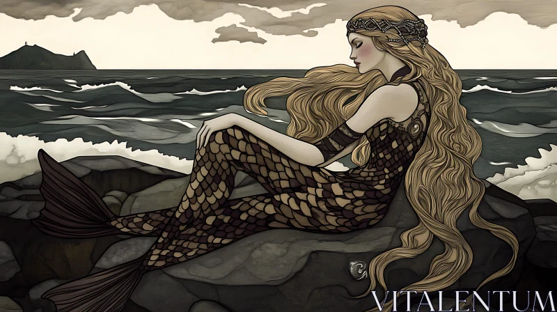 AI ART Pensive Mermaid on Rocky Shore