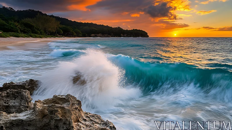 AI ART Seascape at Sunset with Crashing Waves